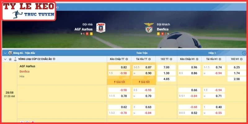 Kèo châu Á trận Benfica vs AGF Aarhus (01:00 28/8 | Cúp C2 Châu Âu)